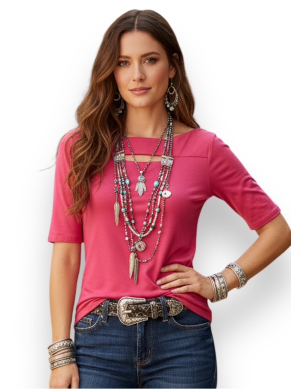 Pink Cut Out Neckline Half Sleeve Fitted Top Medium NWT